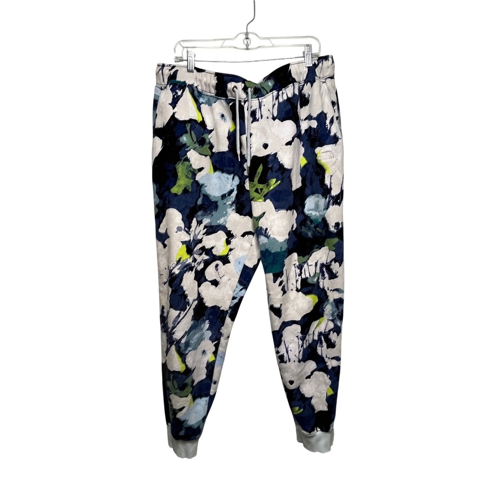 The North Face Mens XL Floral Abstract Print Fleece Joggers Blue White‎ Green